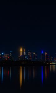 Preview wallpaper city, buildings, night, coast, water, reflection, dark