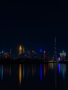 Preview wallpaper city, buildings, night, coast, water, reflection, dark
