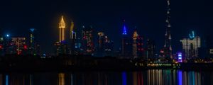 Preview wallpaper city, buildings, night, coast, water, reflection, dark