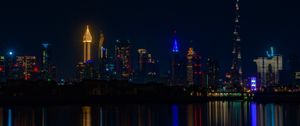 Preview wallpaper city, buildings, night, coast, water, reflection, dark