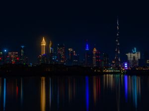 Preview wallpaper city, buildings, night, coast, water, reflection, dark