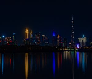 Preview wallpaper city, buildings, night, coast, water, reflection, dark