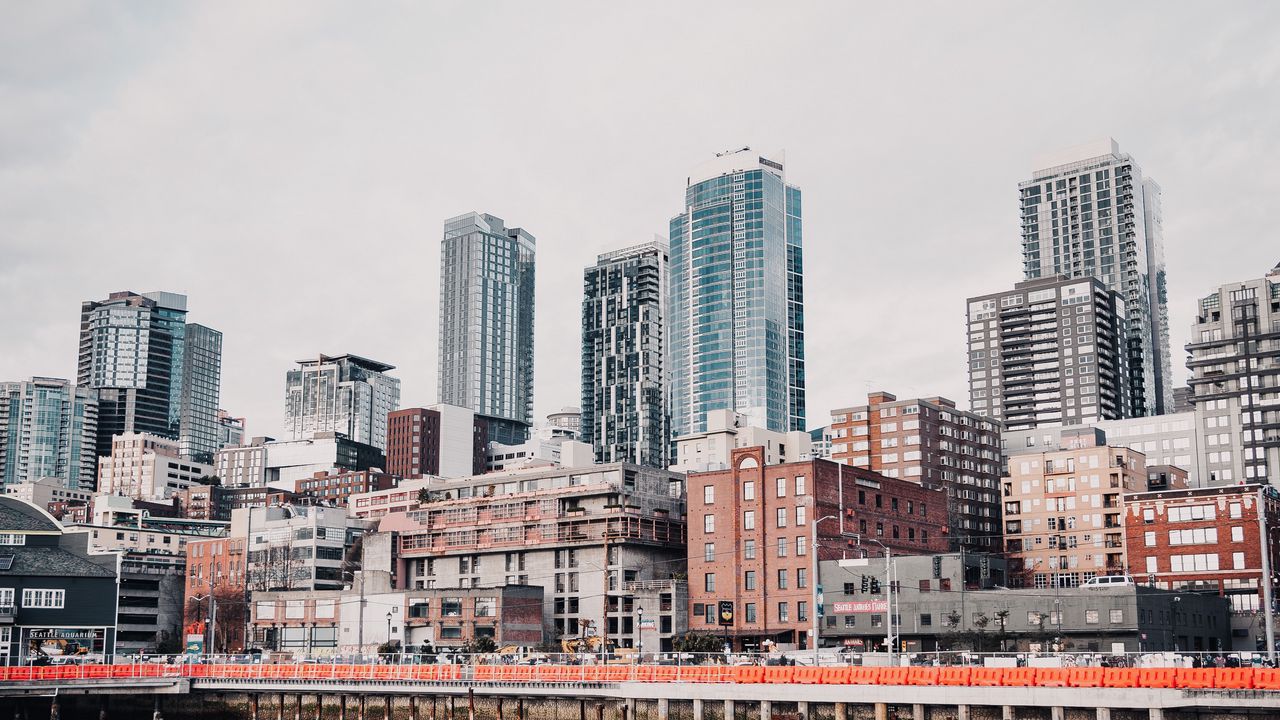 Wallpaper city, buildings, pier, water