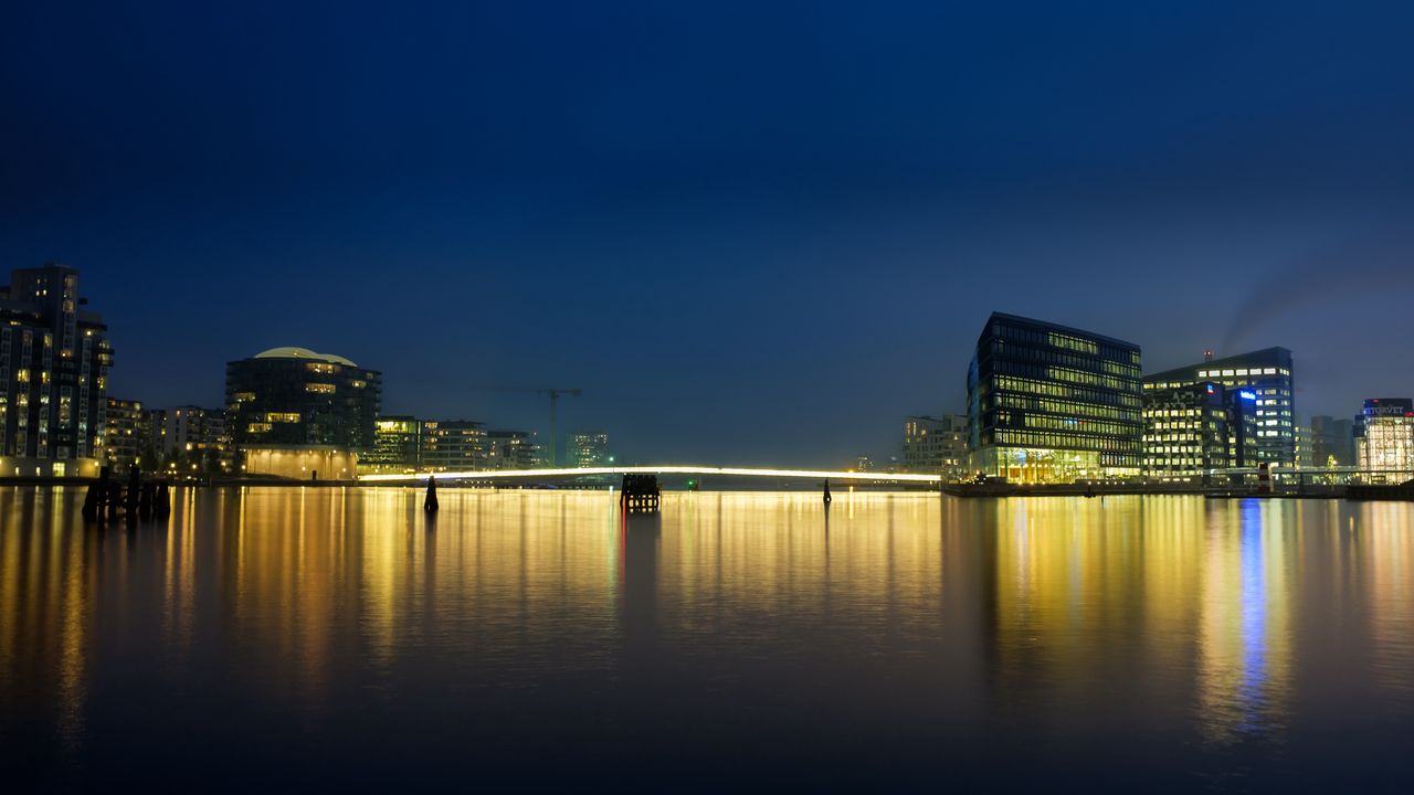 Wallpaper city, buildings, pier, lights, water, reflection