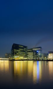 Preview wallpaper city, buildings, pier, lights, water, reflection