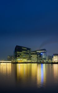 Preview wallpaper city, buildings, pier, lights, water, reflection