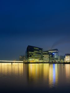 Preview wallpaper city, buildings, pier, lights, water, reflection