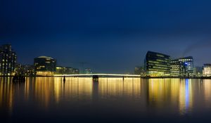 Preview wallpaper city, buildings, pier, lights, water, reflection