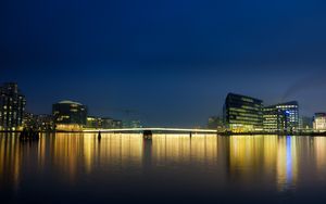 Preview wallpaper city, buildings, pier, lights, water, reflection