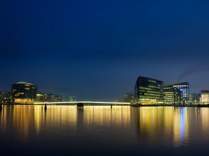 Preview wallpaper city, buildings, pier, lights, water, reflection