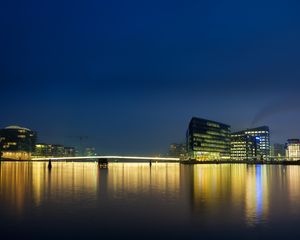 Preview wallpaper city, buildings, pier, lights, water, reflection