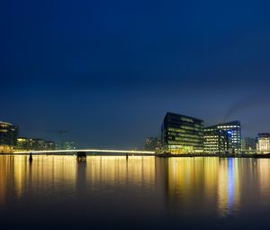 Preview wallpaper city, buildings, pier, lights, water, reflection