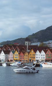 Preview wallpaper city, buildings, pier, boats, water