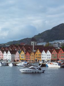 Preview wallpaper city, buildings, pier, boats, water