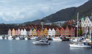 Preview wallpaper city, buildings, pier, boats, water