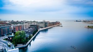 Preview wallpaper city, buildings, pier, water, aerial view