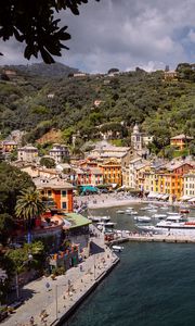 Preview wallpaper city, buildings, pier, boats, water, aerial view