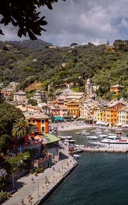 Preview wallpaper city, buildings, pier, boats, water, aerial view