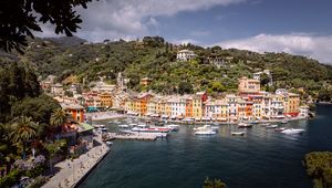 Preview wallpaper city, buildings, pier, boats, water, aerial view