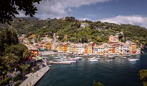 Preview wallpaper city, buildings, pier, boats, water, aerial view