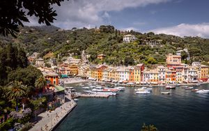 Preview wallpaper city, buildings, pier, boats, water, aerial view