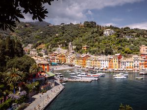 Preview wallpaper city, buildings, pier, boats, water, aerial view