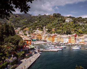 Preview wallpaper city, buildings, pier, boats, water, aerial view