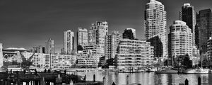 Preview wallpaper city, buildings, pier, black and white