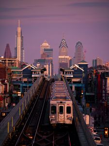 Preview wallpaper city, buildings, railway, train, wagon