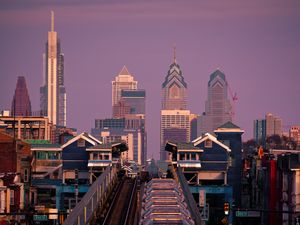 Preview wallpaper city, buildings, railway, train, wagon