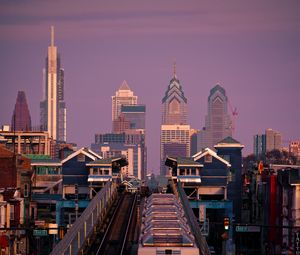 Preview wallpaper city, buildings, railway, train, wagon