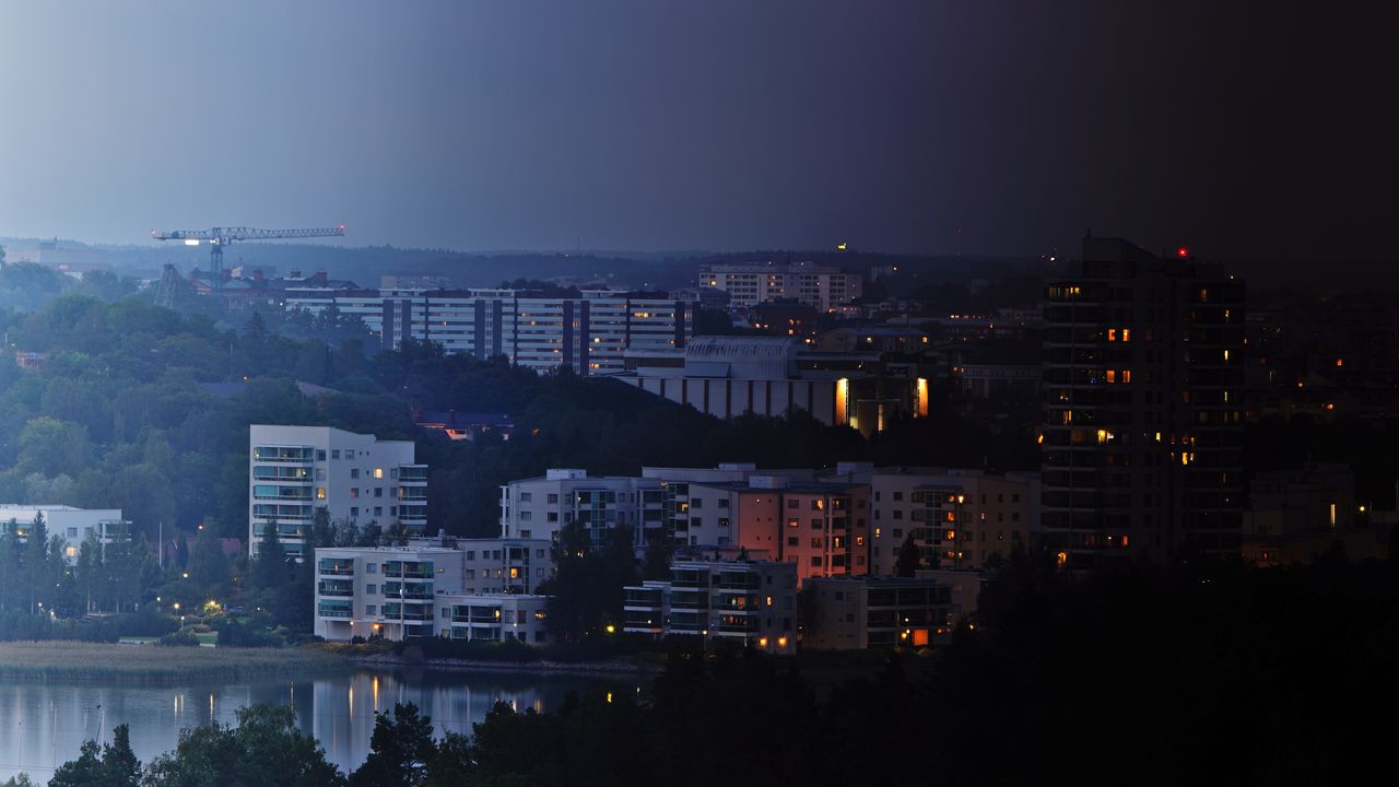 Wallpaper city, buildings, river, night, sky, trees, cityscape