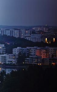 Preview wallpaper city, buildings, river, night, sky, trees, cityscape