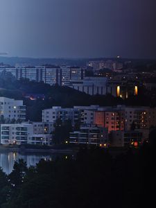 Preview wallpaper city, buildings, river, night, sky, trees, cityscape