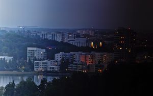 Preview wallpaper city, buildings, river, night, sky, trees, cityscape