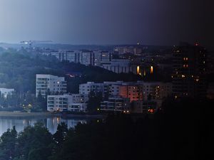 Preview wallpaper city, buildings, river, night, sky, trees, cityscape