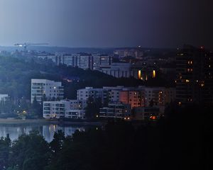 Preview wallpaper city, buildings, river, night, sky, trees, cityscape