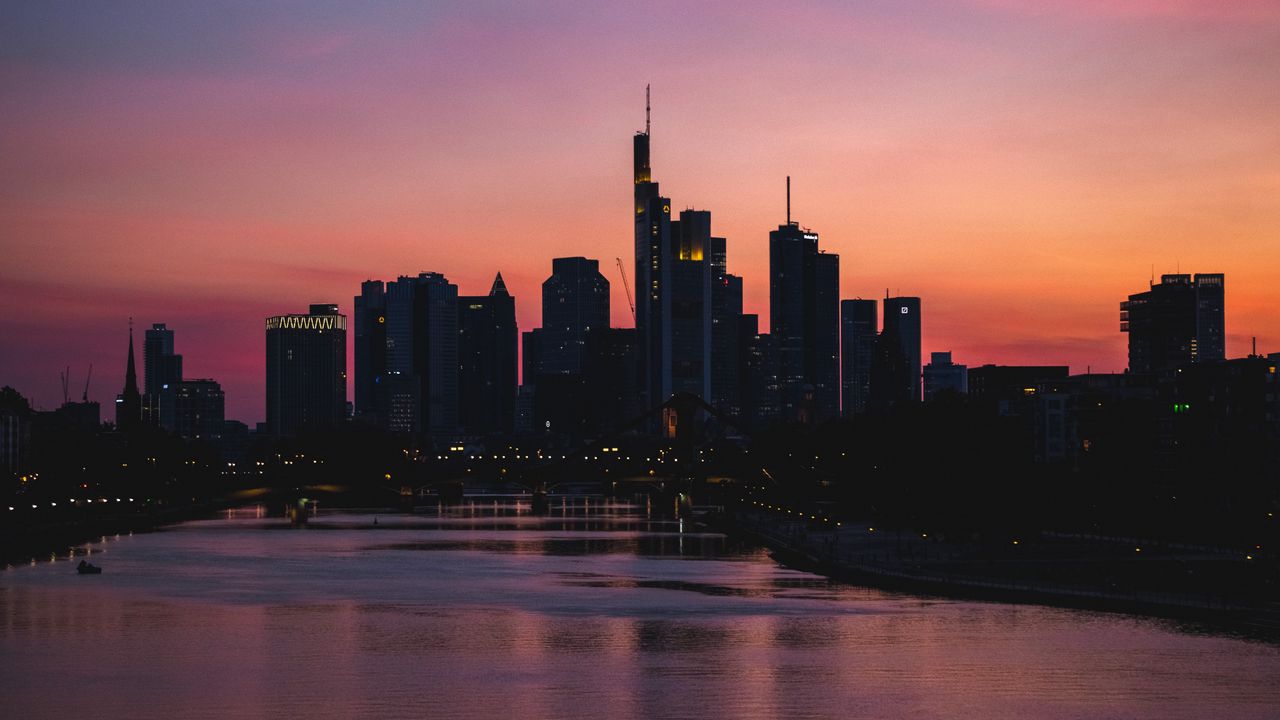 Wallpaper city, buildings, river, dusk, dark