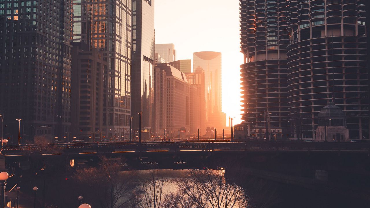 Wallpaper city, buildings, river, sunset