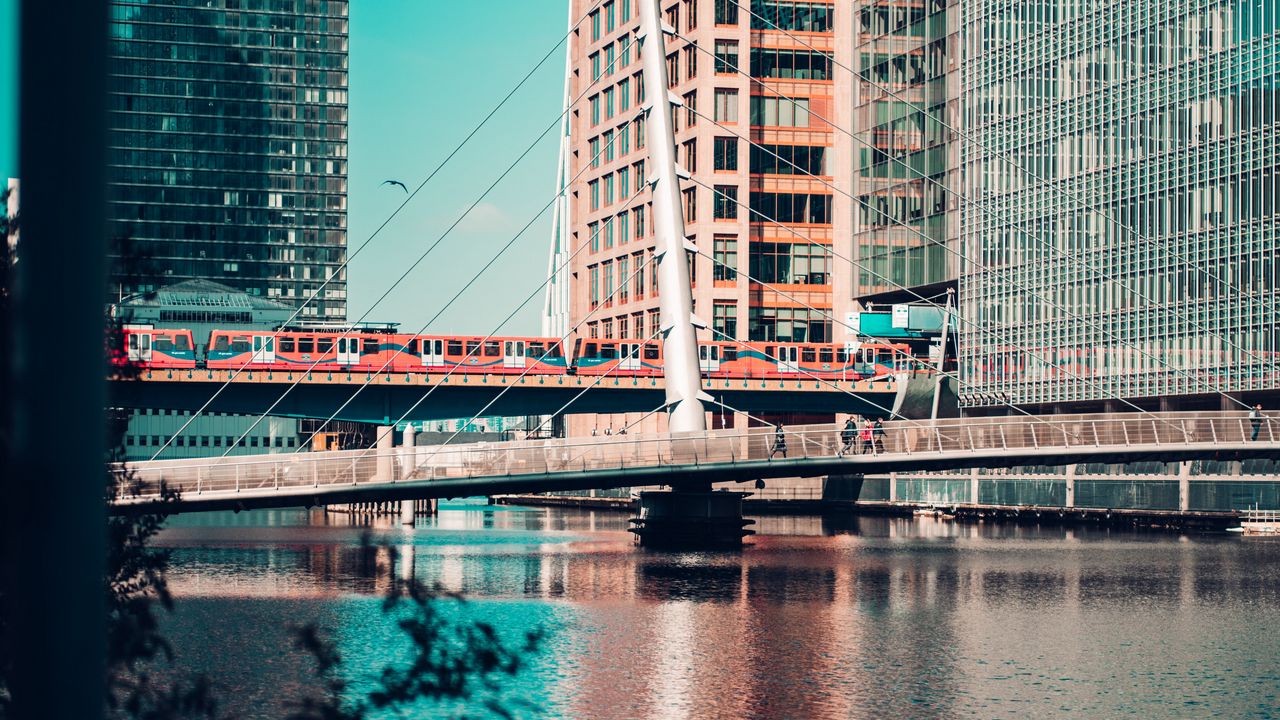 Wallpaper city, buildings, river, train, bridge