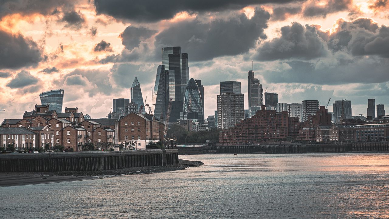 Wallpaper city, buildings, river, coast