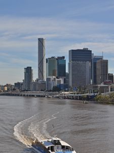 Preview wallpaper city, buildings, river, water, boat