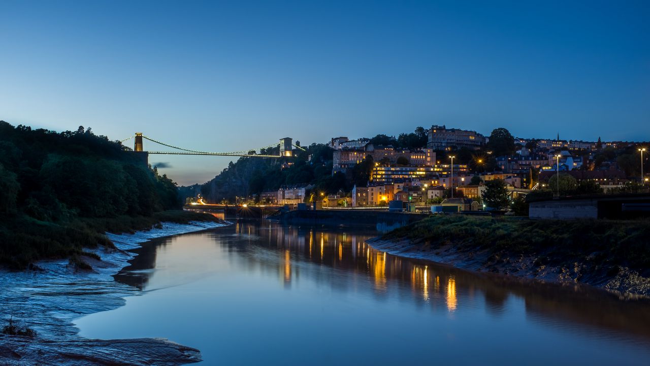 Wallpaper city, buildings, river, reflection, twilight