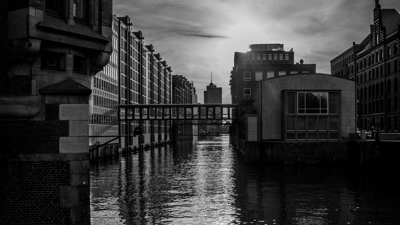 Wallpaper city, buildings, river, water, black and white