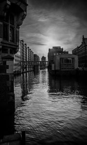 Preview wallpaper city, buildings, river, water, black and white