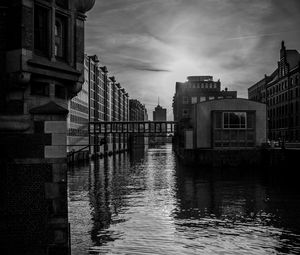 Preview wallpaper city, buildings, river, water, black and white