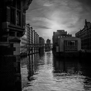 Preview wallpaper city, buildings, river, water, black and white