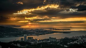 Preview wallpaper city, buildings, river, aerial view, twilight