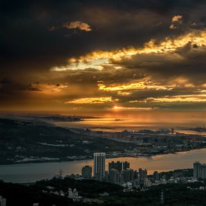 Preview wallpaper city, buildings, river, aerial view, twilight