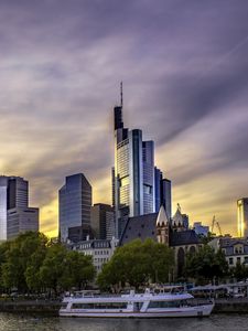 Preview wallpaper city, buildings, river, boat, embankment